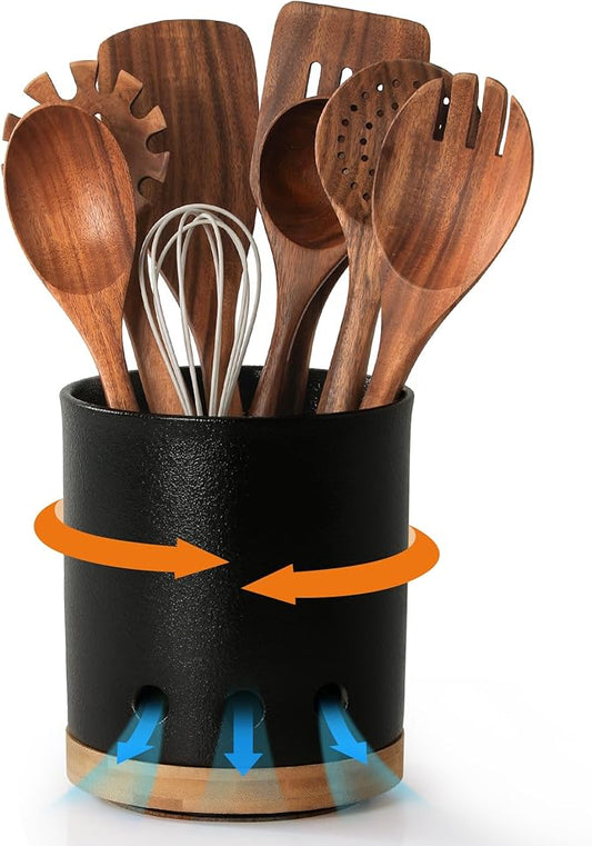 LoeJan 360° Rotating Ceramic Utensil Holder for Kitchen Countertop – Cooking Utensil Crock Organizer with Non-Slip Cork Base for Farmhouse Kitchen Decor, Textured Black by LoeJan