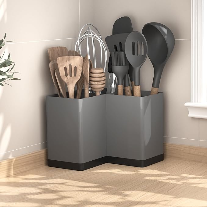 Suli Utensil holder, Kitchen Utensil Organizer for Corner Countertop,Extra Large Silverware Organizer with 3 Compartments,Farmhouse Decor, Iron, Grey - Image 9