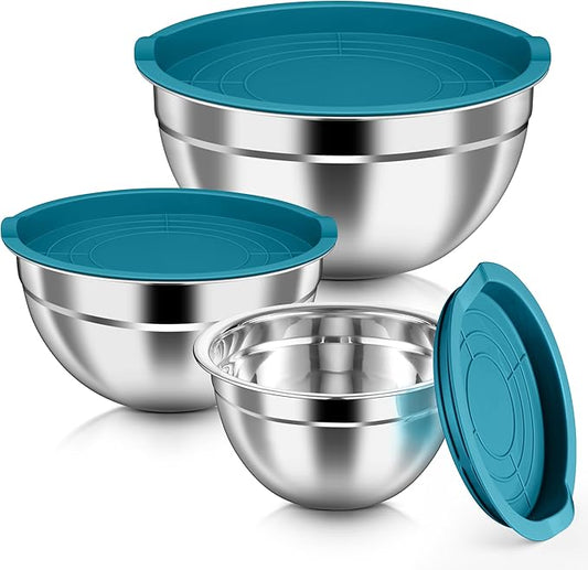 HaWare Mixing Bowls with Airtight Lids, 6-Piece Stainless Steel Salad Bowls, Strong Nesting Bowls for Cooking, Prepping, Baking, Serving & Food Storage, Stackable Design, Size 4.6, 3, 1.5QT, Teal Blue by HaWare