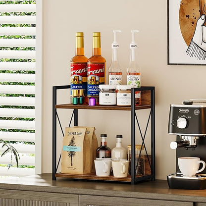 Giikin Kitchen Counter Shelf, Kitchen Countertop Organizer, 2 Tier Spice Rack for Counter, Wood Coffee Bar Organizer for Coffee Station (Brown, L) - Image 7