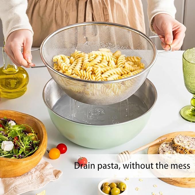 304 Stainless Steel Kitchen Colander Set, 3.5QT Colander with Handle and Bowl, 40 Mesh Fine Strainer, Fast Draining for Rice, Pasta, Fruits & Vegetables, Dishwasher Safe