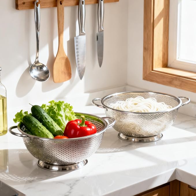 304 Stainless Steel Colander, Micro-Perforated 5-Quart Strainer with Base, Dishwasher Safe. Great for Pasta, Noodles, Vegetables & Fruits - Image 7