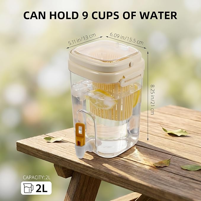 Drink Dispenser for Fridge with Filter Screen, 2L Leak-proof Plastic Beverage Dispenser with Spigot for Iced Tea, Lemonade, Juice, Water Pitcher Container for Bbq, Picnic & Partie (Yellow)