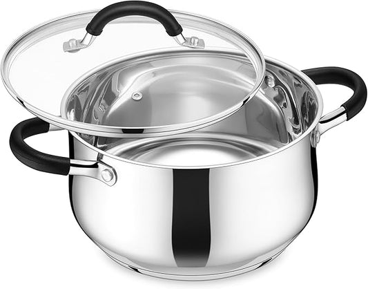 E-far 6 QT Stainless Steel Pot, Stock Cooking Pot with Visible Lid for Simmering Soup Pasta, Tri-Ply Thick Base for Induction Gas, Dual Silicone Handles for Heat Proof, Non-Toxic & Dishwasher Safe by E-far