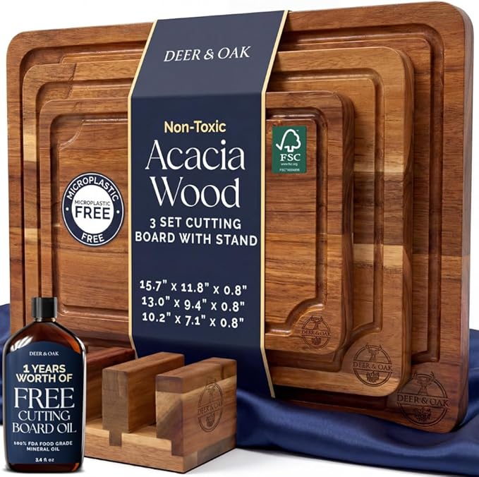 Pre-Oiled, Non Toxic 3-Piece Acacia Cutting Board Set with Stand, FSC Certified Wooden Chopping Boards, Includes 3.4 fl oz Chopping Board Oil, 3 Wood Carving Boards for Home, BBQ Kitchen, Deer & Oak by DeerOak