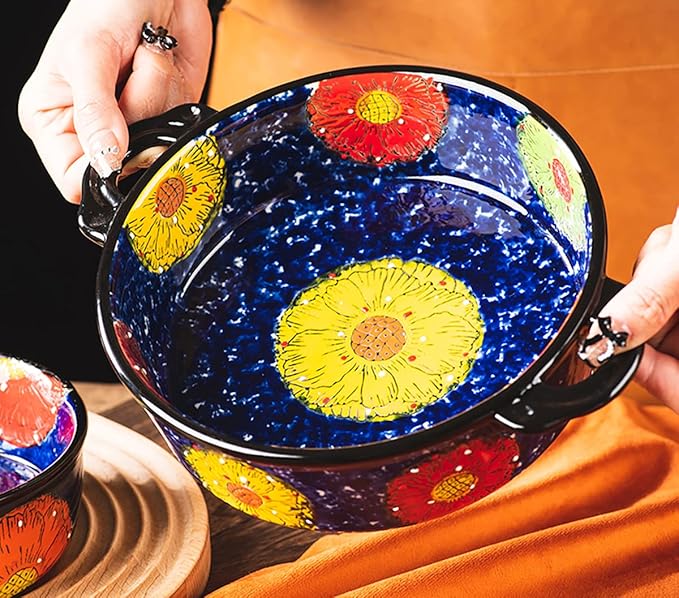 Vintage Style Pottery Bakeware Colorful Daisy Pattern Ceramic Casserole Dish Baking Pan Lasagna Pans Baking Dish with Handles from Oven to Table Plate-1 PCS, 32 OZ - Image 4