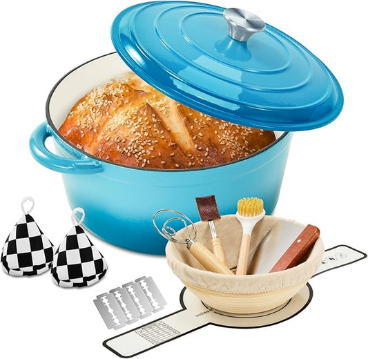 Enameled Cast Iron Dutch Oven with Lid -6.5 QT, incl. Sourdough Bread-Baking Supplies like Banneton Proofing Basket, Heavy Duty Cookware Bread-Oven for Baking, Stews, and Roasting, Sea Blue by Blingco