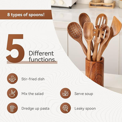 Wooden Spoons for Cooking, 10 Pcs Wood Utensils Set with Spoon Rest & Holder, Nonstick, Non Scratch, Easy Clean, Natural Teak Wooden Cookware for Cooking for Mom Wife Kitchen Gifts