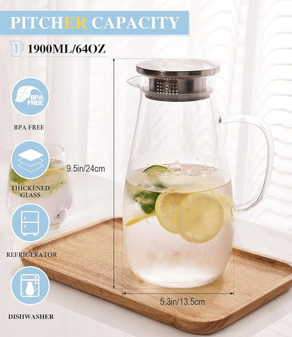 Glass Pitcher, Glass Water Pitcher with Lid and Handle for Fridge, 2 Quart Borosilicate Water Jug for Hot/Cold Drinks, Iced Tea, Juice and Coffee Beverage, Heat Resistant - Image 2