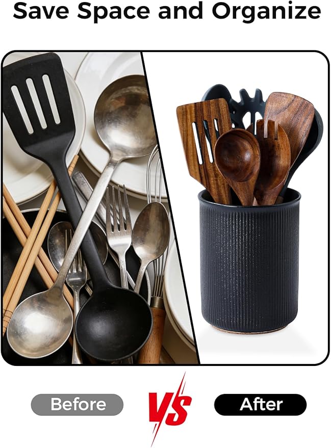 LoeJan Utensil Holder, Extra Large Utensil Crock, Stable Ceramic Utensil Organizer, Cooking Tool Organizer Set for Kitchen Counter Farmhouse Décor, Textured Black - Image 6