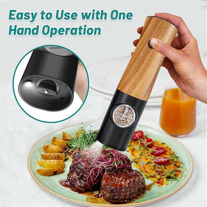 Electric Salt and Pepper Grinder Set - Automatic Battery Powered Salt Grinder Salt and Pepper Shakers Set Electric with Auto Light Adjustable For Gravity Operated Wood Grain Peppercorn Mill