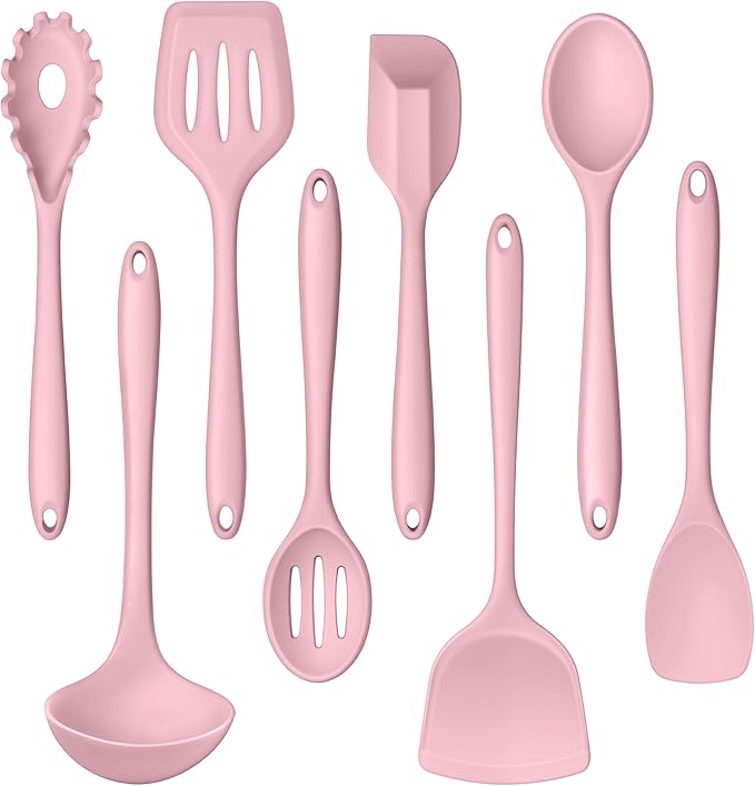 LIANYU Kitchen Silicone Utensils Set, 8Pcs Cooking Utensils Spatula Set for Nonstick Cookware, Heat Resistant Kitchen Gadgets Include Silicone Spoon, Turner, Spatula, Ladle, Dishwasher Safe, Pink by LIANYU