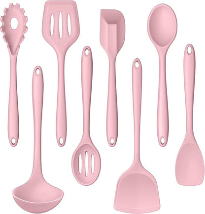 LIANYU Kitchen Silicone Utensils Set, 8Pcs Cooking Utensils Spatula Set for Nonstick Cookware, Heat Resistant Kitchen Gadgets Include Silicone Spoon, Turner, Spatula, Ladle, Dishwasher Safe, Pink by LIANYU