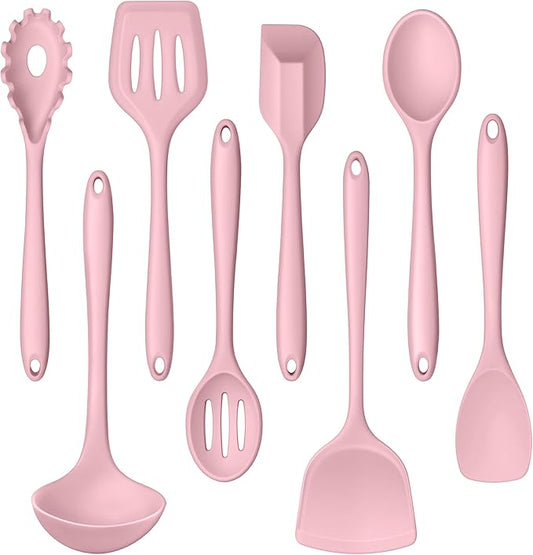 LIANYU Kitchen Silicone Utensils Set, 8Pcs Cooking Utensils Spatula Set for Nonstick Cookware, Heat Resistant Kitchen Gadgets Include Silicone Spoon, Turner, Spatula, Ladle, Dishwasher Safe, Pink by LIANYU