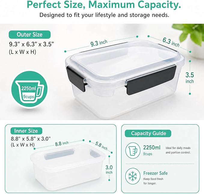YORY 9 cup Plastic Food Storage Containers with Lids Nestable Freezer Dishwasher Safe Rectangle Meal Prep Container Set,5-Pack - Image 2
