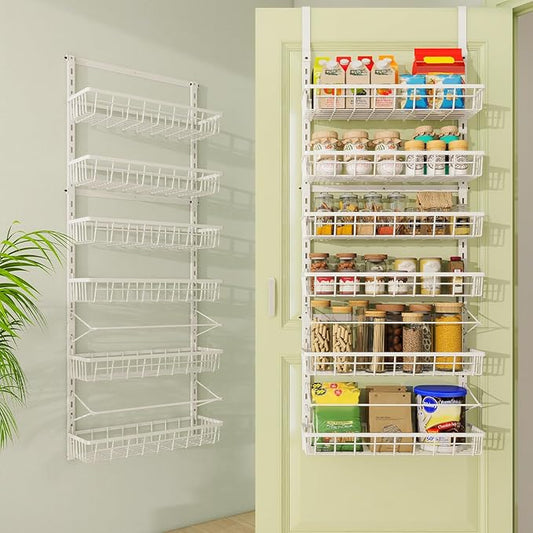 Mefirt Over The Door Pantry Organizer, Wall Mount Spice Rack, Pantry Hanging Storage and Organization, 6 Adjustable Baskets Heavy-Duty Metal for Home & Kitchen, Back of Door Seasoning Rack - White by Mefirt