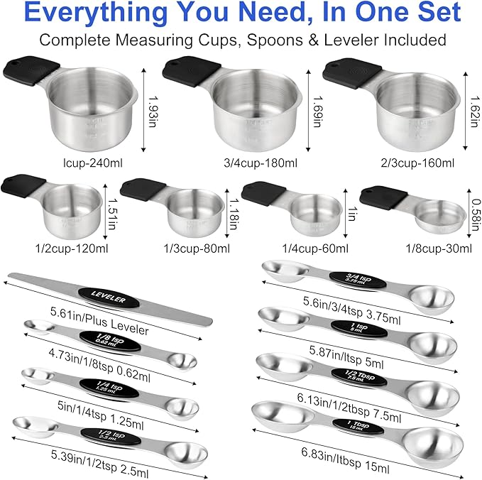 Magnetic Measuring Cups & Spoons Set, Strong N45 Magnets, Heavy Duty Stainless Steel Fits in Spice Jars for Baking & Cooking, BPA Free, Round Set of 15 with Leveler,Dark Black - Image 6