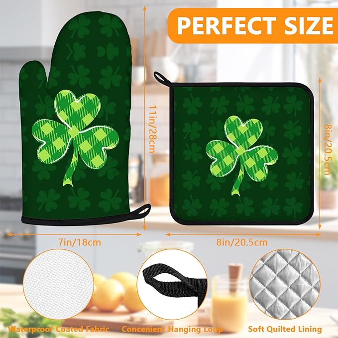 Green Clover Oven Mitts and Pot Holders Sets 4Pcs,Extra Long Oven Gloves Potholder for Kitchen Cooking Baking BBQ 100% Cotton Heat Resistant(St. Patrick's Day) - Image 2