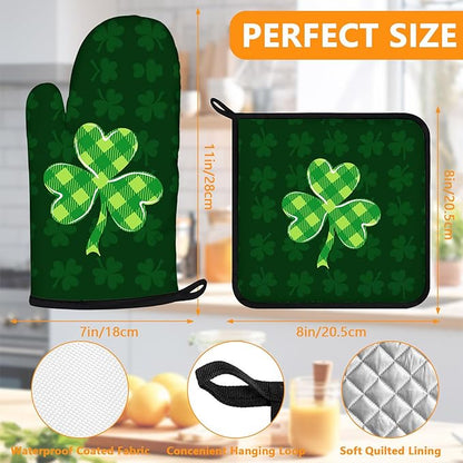 Green Clover Oven Mitts and Pot Holders Sets 4Pcs,Extra Long Oven Gloves Potholder for Kitchen Cooking Baking BBQ 100% Cotton Heat Resistant(St. Patrick's Day) - Image 2