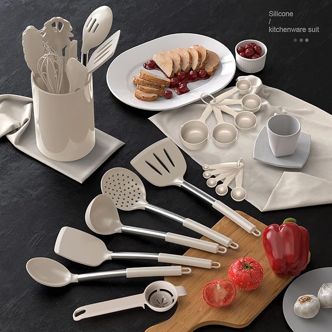 Large Silicone Cooking Utensils Set - Heat Resistant Kitchen Utensils,Turner Tongs,Spatula,Spoon,Brush,Whisk,Stainless Steel Silicone Cooking Tool for Nonstick Cookware,Dishwasher Safe (Khaki) - Image 7