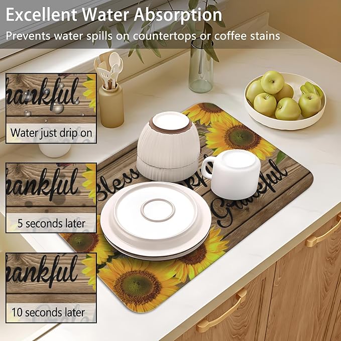 Dish Drying Mat for Kitchen Counter 2 Pack with Non-Slip Rubber Backing - Heat-Resistant Absorbent Coffee Bar Mat, Dish Rack Mat, Sunflower Dish Drying Mats 18x24+19.5x12 inch