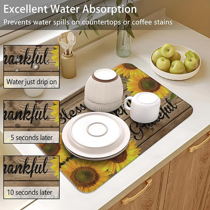 Dish Drying Mat for Kitchen Counter 2 Pack with Non-Slip Rubber Backing - Heat-Resistant Absorbent Coffee Bar Mat, Dish Rack Mat, Sunflower Dish Drying Mats 18x24+19.5x12 inch