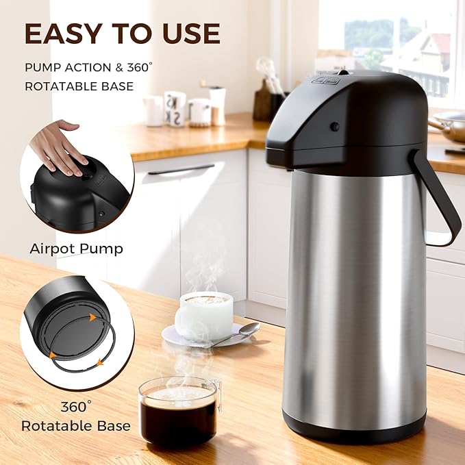 Coffee Carafe for Keeping Hot - Gezoss 102OZ / 3L Airpot Coffee Dispenser with Pump - Large Coffee Carafe for Hot Drinks Tea Liquid - Insulated Stainless Steel Hot Water Beverage Urn for Parties - Image 3