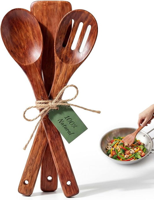 HANSGO Wooden Spoons for Cooking, 3PCS Kitchen Utensils Set for Nonstick Pans, 12Inch Wooden Spatula for Stirring Frying Mixing, Sturdy & Smooth Edges, Kitchen Gifts for Women, Cooking Gifts for Men by HansGo