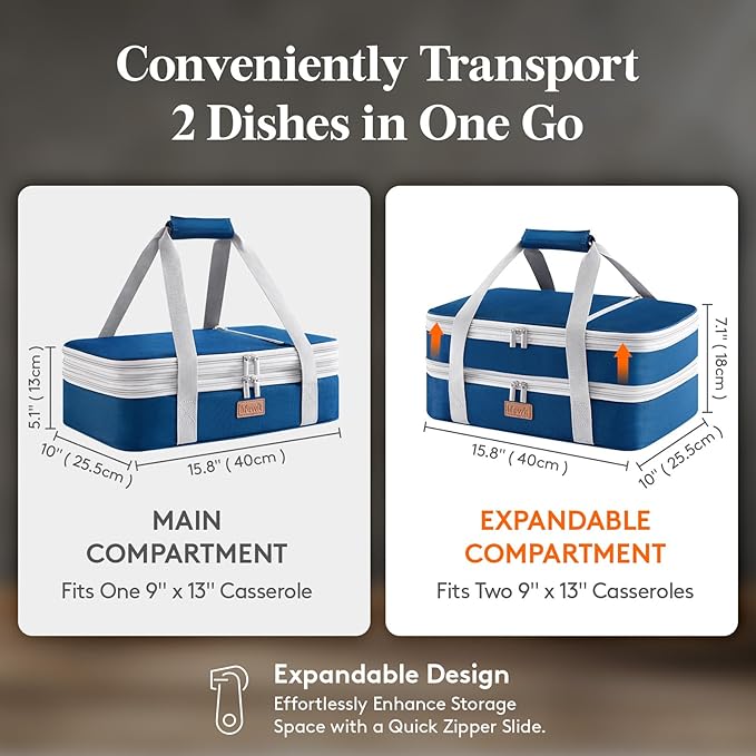Lifewit Insulated Double Decker Casserole Carrier, Expandable Lasagna Lugger Tote Bag for Hot or Cold Food, Fits 9" x 13" Baking Dish for Potluck Parties, Picnic and Cookouts, Pure Blue