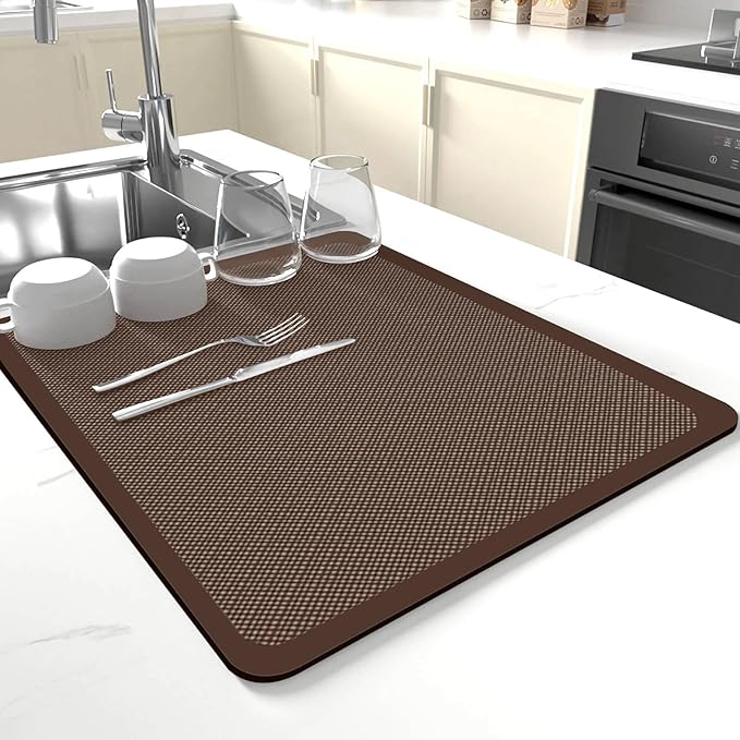 Dish Drying Mat for Kitchen Counter,Drying Mat for Dish Rack,Absorbent Hide Stain Rubber Mat,Coffee Mat, Kitchen Counter Mat (Brown Style, 18"x24") by JuSiyley
