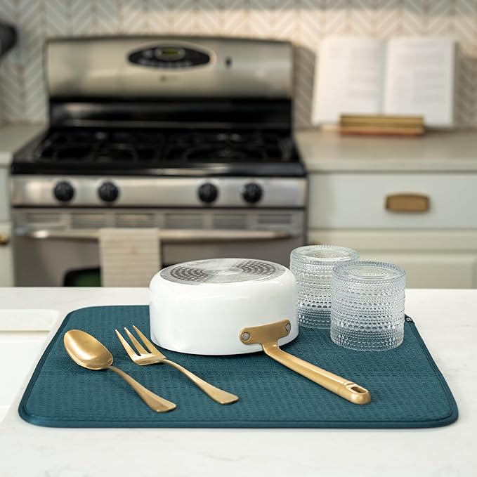 S&T INC. Dish Drying Mat, 16” x 18”, Absorbent Microfiber Kitchen Counter Mat, Dish Drying Pad for Dishes, Utensils, Pots and Pans, Large, Tapestry Blue - Image 4