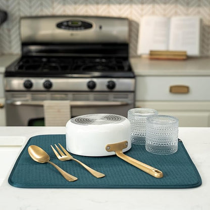 S&T INC. Dish Drying Mat, 16” x 18”, Absorbent Microfiber Kitchen Counter Mat, Dish Drying Pad for Dishes, Utensils, Pots and Pans, Large, Tapestry Blue - Image 4
