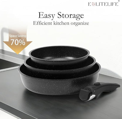 ESLITE LIFE Nonstick Ceramic Frying Pans Skillets Set with Lids & Detachable Handle, Non-Toxic Egg Omelette Kitchen Cooking Pans Compatible with All Stovetops, PTFE & PFOA Free, Black, 7-Piece - Image 7