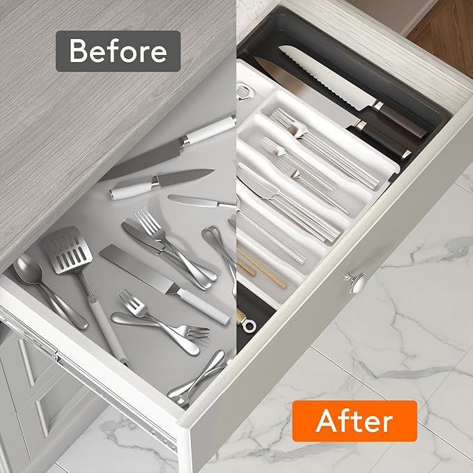 Lifewit Silverware Drawer Organizer, Expandable Utensil Tray for Kitchen, BPA Free Flatware and Cutlery Holder, Adjustable Plastic Storage for Spoons Forks Knives, 13-22 x 15", White&Black - Image 5