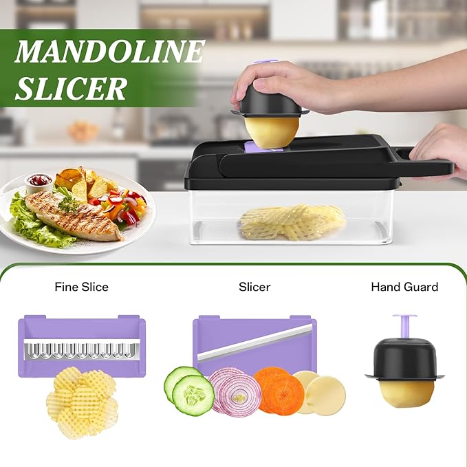 HomeHacks Vegetable Chopper Vegetable Cutter, 12 in 1 Kitchen Gadget, Dicer, Slicer, Onion Cutter, Salad, Cheese Grater & Egg Separator - Multi-Functional Veggie Chopper Lid with Handle (Purple) - Image 4