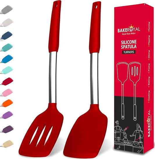 BakeRoyal Silicone Spatula Set - Turner Spatulas Silicone Heat Resistant 600°F - Slotted & Solid Spatula for Cooking Fish, Eggs, Pancakes Flipper – Spatulas for kitchen use – Red by BAKEROYAL