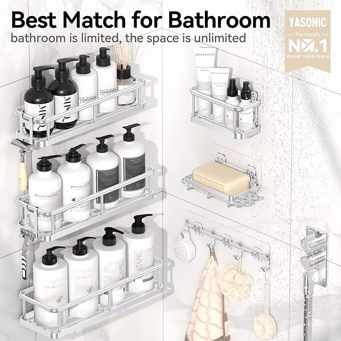 YASONIC Shower Caddy, Large Capacity Bath Organizer with Soap Holder and 12 Hooks, 6 Pack Rustproof Bathroom Shelves for Inside Shower, No Drilling&Sleek Bathroom Organizers and Storage Silver - Image 2