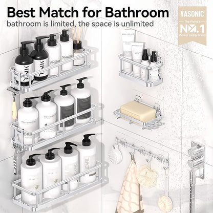 YASONIC Shower Caddy, 6 Pack Large Capacity Bath Organizer with Soap Holder and 12 Hooks, Rustproof bathroom Shelves for Inside Shower, No Drilling&Sleek Bathroom Organizers and Storage Silver - Image 2