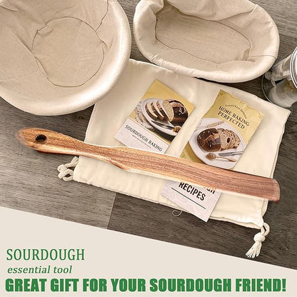 2pcs Wood Spurtle for Sourdough Starter, Mixing, Stirring, Reaching Bottom of Jar, Dough Whisk,Skinny Sourdough Spurtles Spatula Wooden Spoon Bread Making Tools Kitchen Gadget Gift for Mom