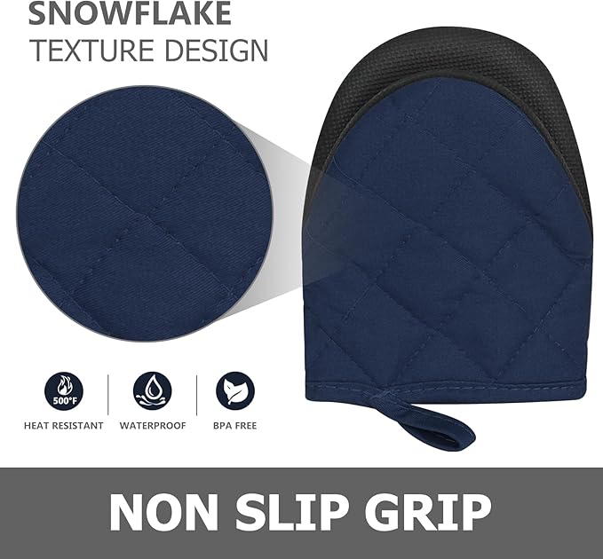 1 Pair Short Oven Mitts - Silicone Kitchen Oven Gloves High Heat Resistant 500℉, Mini Oven Mits with Non-Slip Grip Surfaces and Hanging Loop for BBQ, Baking, Cooking and Grilling (Dark Blue) - Image 5