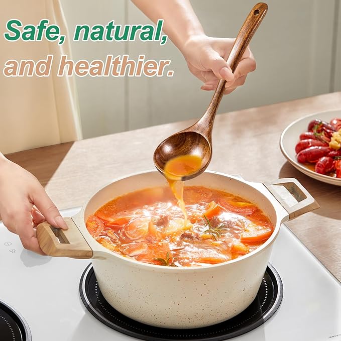 Wooden Ladles for Cooking, 2-Piece Soup Ladle & Pasta Spoon Set, Natural Teak Wood Soup Ladle and Slotted Spaghetti Spoon for Cooking, Serving and Stirring - Image 5