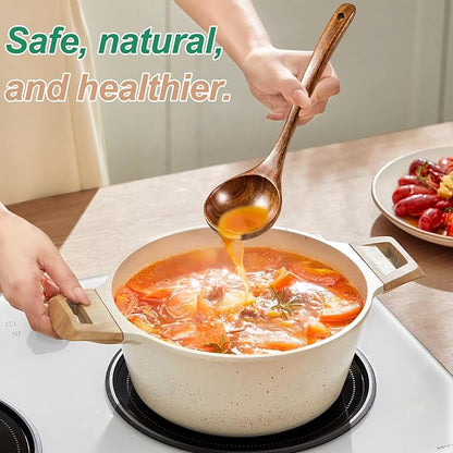 Wooden Ladles for Cooking, 2-Piece Soup Ladle & Pasta Spoon Set, Natural Teak Wood Soup Ladle and Slotted Spaghetti Spoon for Cooking, Serving and Stirring - Image 5