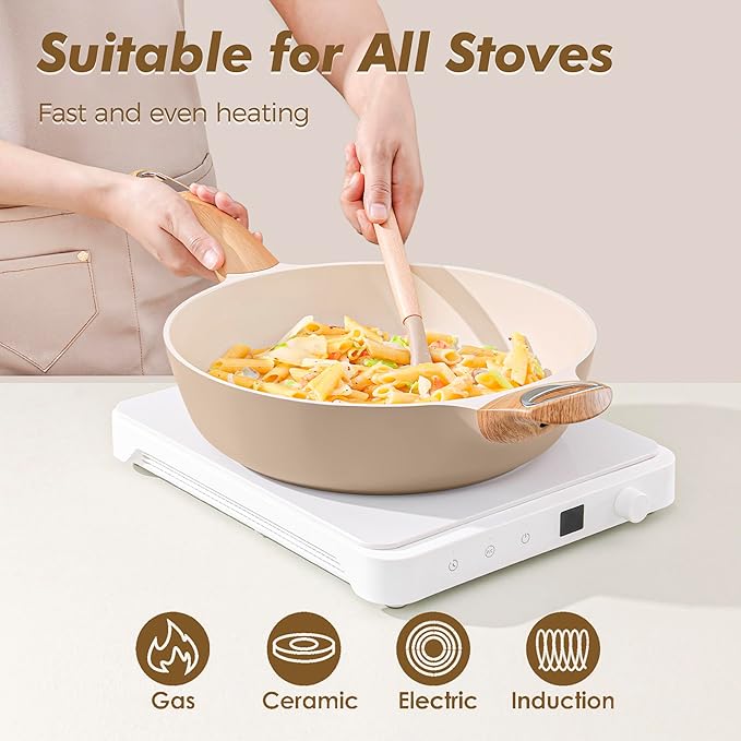 SENSARTE Ceramic Nonstick Frying Pan Skillet with Lid, 12 Inch Large Deep Frying Pan, 5 QT Saute Pan, Induction Pan, Healthy Non Toxic Cooking Pan with Helper Handle, PFOA PFAS PTFE Free - Image 3