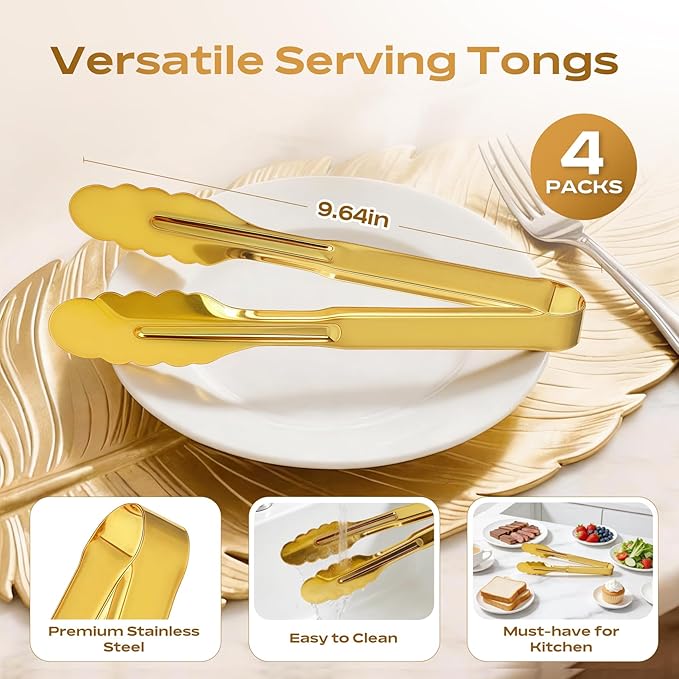 4 Pack Stainless Steel Serving Tongs, 9 Inch Gold Salad Tongs Serving Utensils Buffet Tongs Gold Plated Heavy Duty Reusable Metal Kitchen Clips for Salad, Snack, Barbecue, Catering, Wedding, Party - Image 2