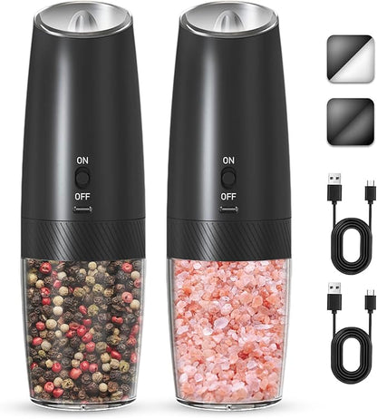 UNNEES Rechargeable Electric Salt and Pepper Grinder Set, Gravity Activated, Adjustable Coarseness, LED Light, USB Charging, Ceramic Core, 150ml Transparent Hopper, Black by UNNEES