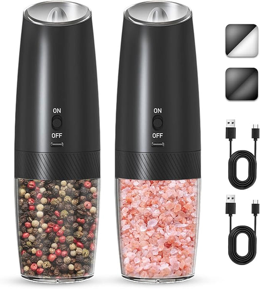 UNNEES Rechargeable Electric Salt and Pepper Grinder Set, Gravity Activated, Adjustable Coarseness, LED Light, USB Charging, Ceramic Core, 150ml Transparent Hopper, Black by UNNEES