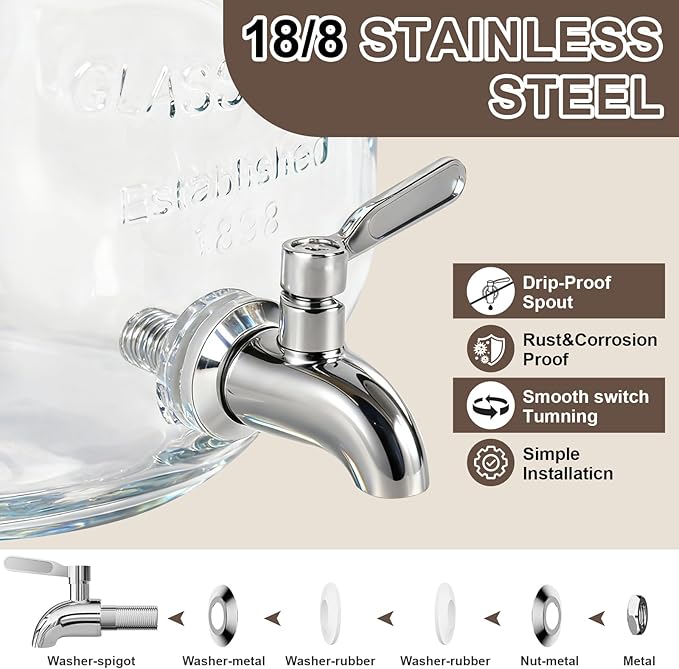 2 Gallon Glass Drink Dispenser For Parties,Beverage Dispenser,Lemonade Dispenser with 304 Stainless Steel Spigot Leakproof for Sun Tea, Picnic,Homemade Juice