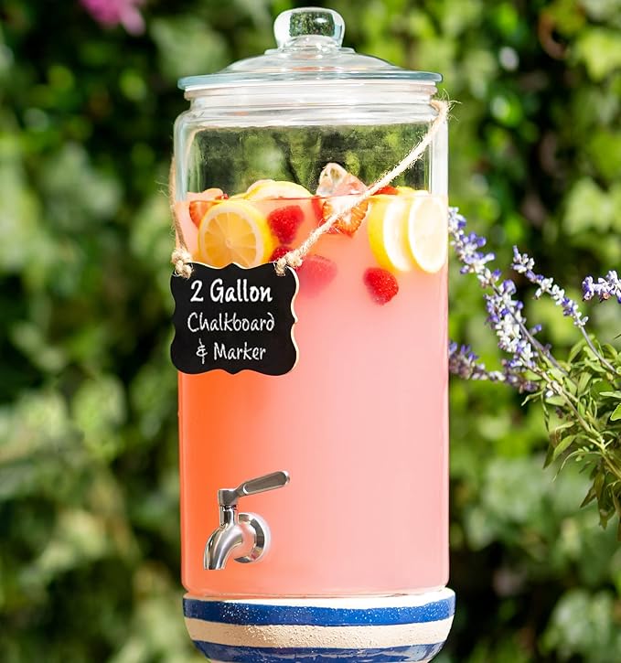 2 Gallon Beverage Dispenser with Stainless Steel Spigot + Marker & Chalkboard 100% Leakproof Glass Drink Dispenser for Parties with Spout, Airtight Beverage Serveware for Water Juice Laundry by LERAZE