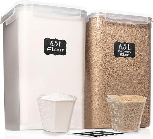 WHITE FEATHER SUPPLIES 2 PC [7 Qt / 6.5L / 220 Oz] Large Food Storage Containers with Lids Airtight - BPA Free Clear Plastic Kitchen and Pantry Storage Containers for Cereal, Flour, Sugar, Rice