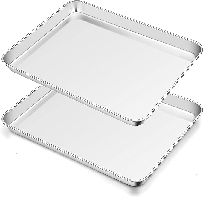 TeamFar Toaster Oven Pan Set of 2, Stainless Steel Toaster Oven Baking Tray Ovenware, 12.5’’x 9.5’’x1’’, Non Toxic & Healthy, Rust Free & Mirror Finish, Easy Clean & Dishwasher Safe by TeamFar